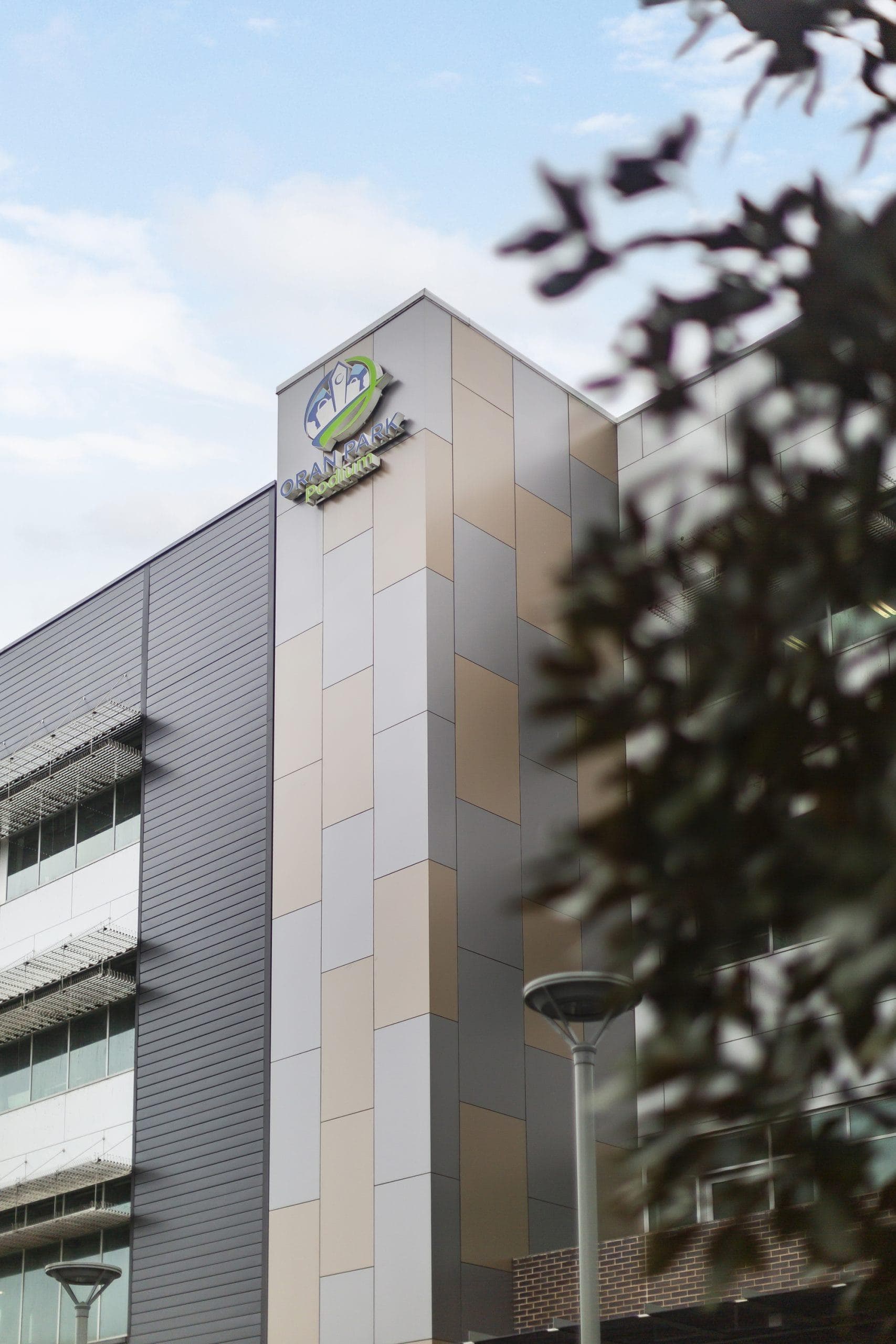 Mitsubishi ALPOLIC NC/A1 DtS non-combustible aluminium composite cladding cladding on façade of the Oran Park Town Center in Oran Park, NSW.