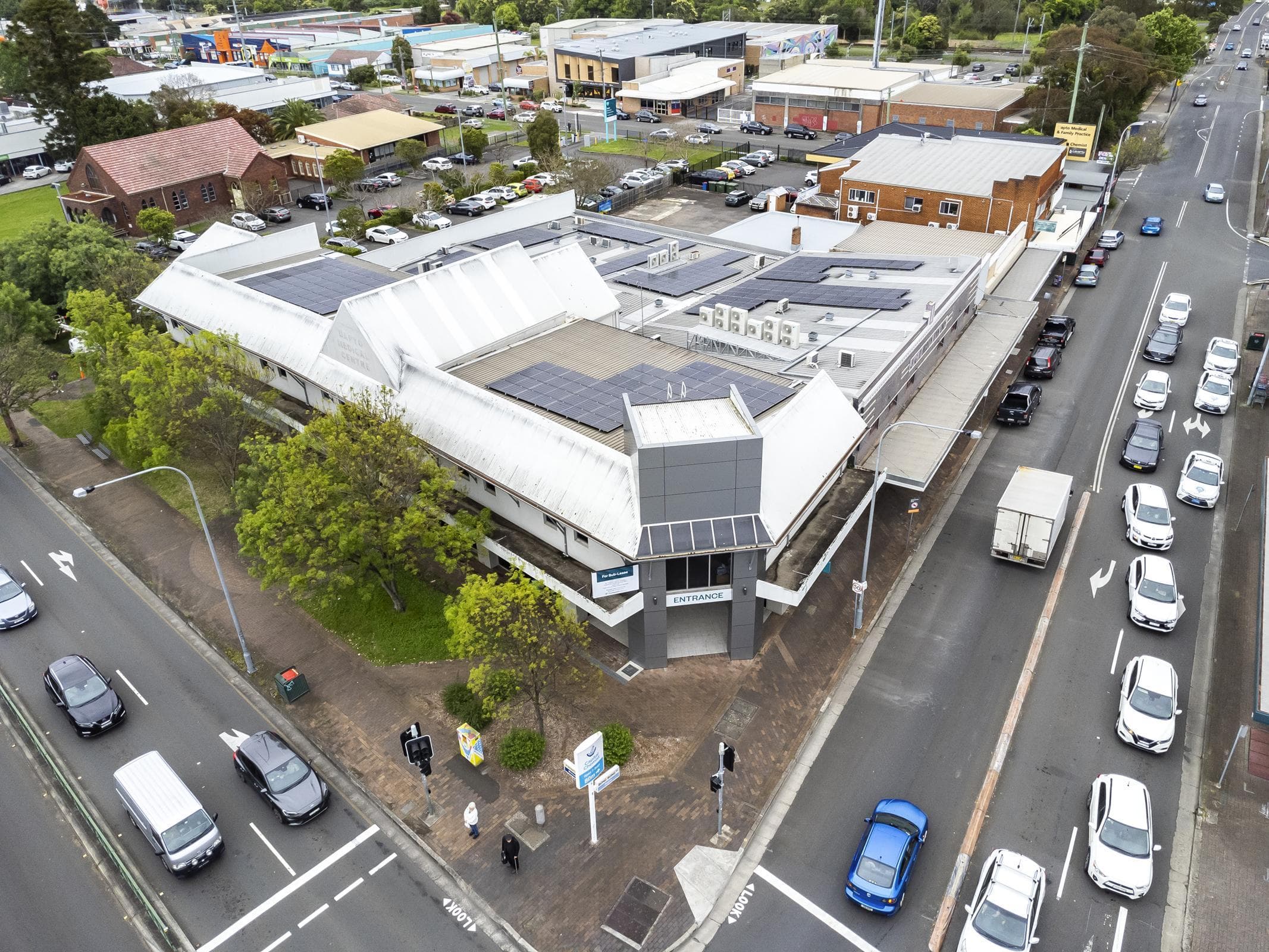 Aerial view of Dapto Medical Centre showing the reclad entrance and surrounding roofscape